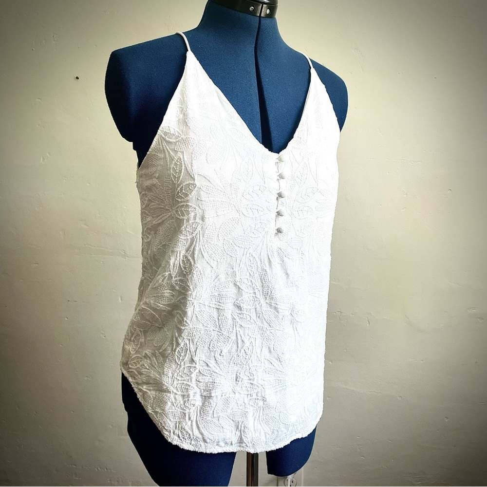 Loft White Textured Top with Spaghetti Straps and Small Button Detail